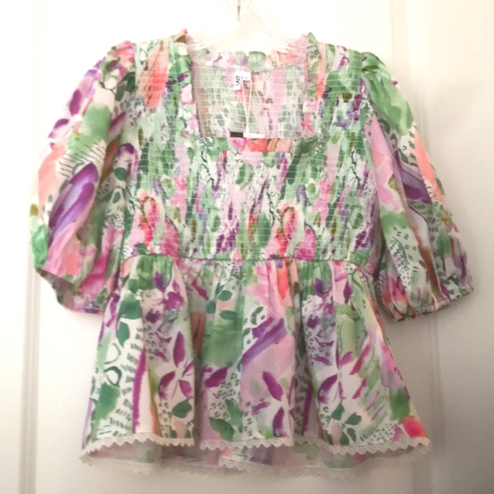 LAIT Collection Liana Watercolor Floral Smocked Top NWTs